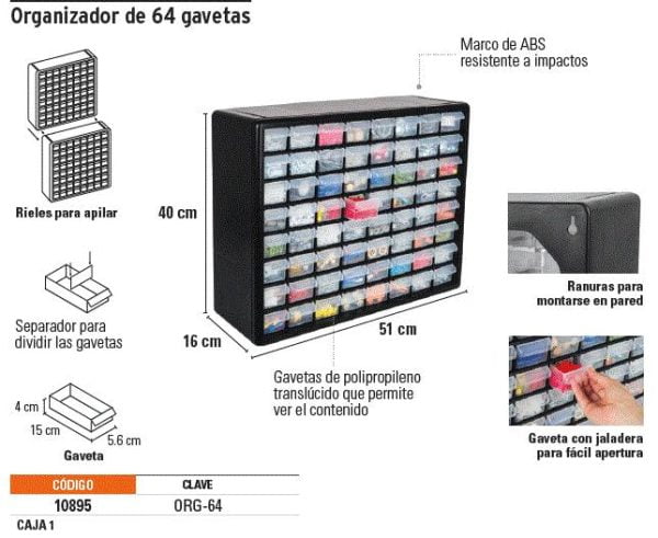 Organizador con 64 gavetas, Truper - Imagen 4