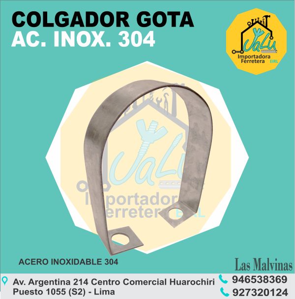 Abrazadera colgador tipo Gota - Lagrima en Acero Inoxidable 304