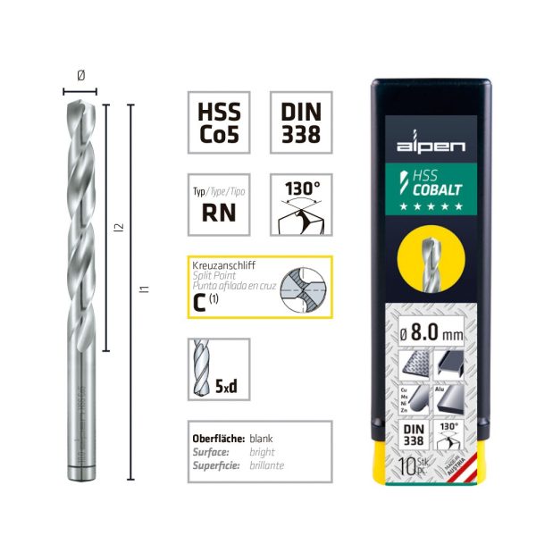 Broca espiral HSS Cobalt 5% DIN 338 RN – ALPEN